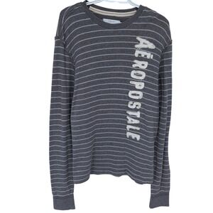 Y2K Aeropostale Striped Waffle Shirt Womens Medium Gray Spell Out Fringe 2000s